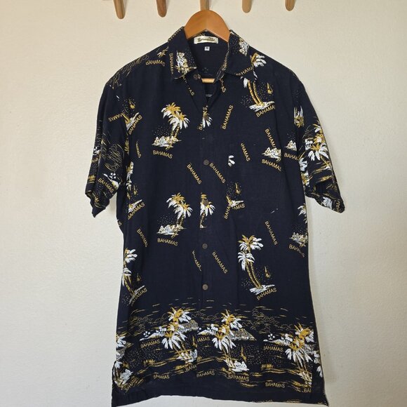 Shoreline Bahamas Shirt Men’s M Blue Hawaiian Button Up 100% Cotton Palm Trees - Picture 3 of 10